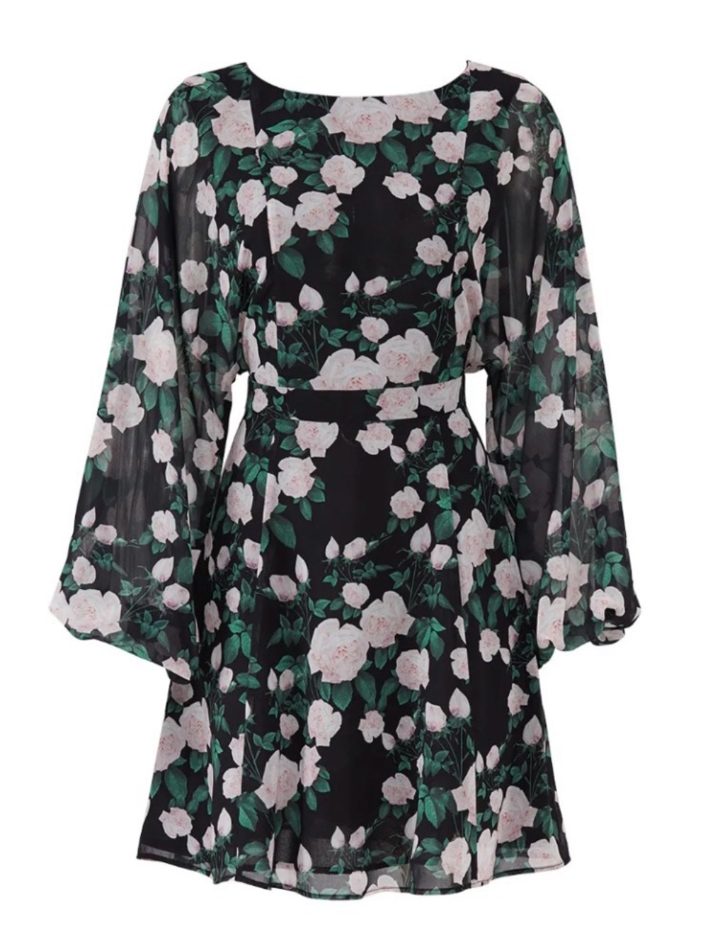 Black Floral Long-Sleeve Mini Dress with Green Leaves
